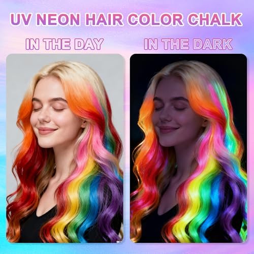Girl with vibrant neon hair stripes using hair chalk