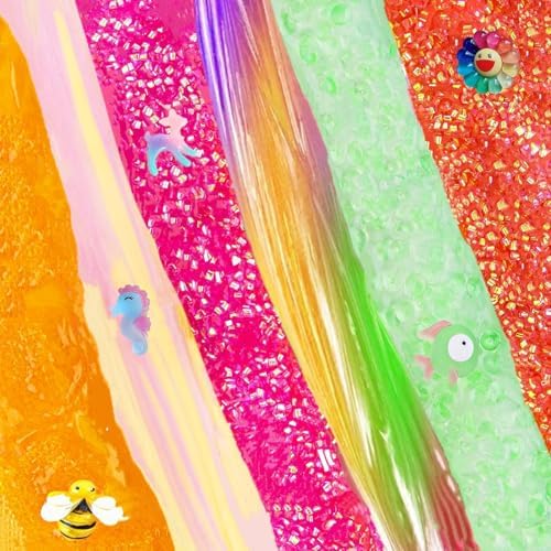 Different colored cloud and crunchy slimes showing distinct sensory textures and mix in beads.