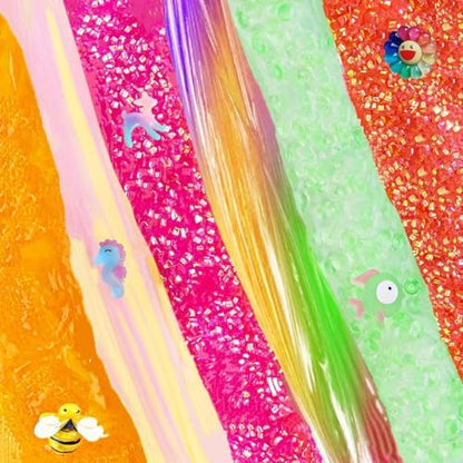 Different colored cloud and crunchy slimes showing distinct sensory textures and mix in beads.
