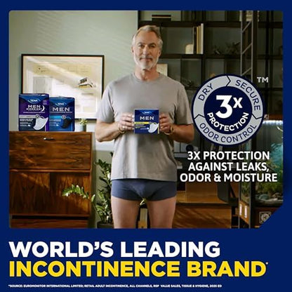 TENA male bladder control pad highlighting secure adhesive strip placement for close-fitting briefs