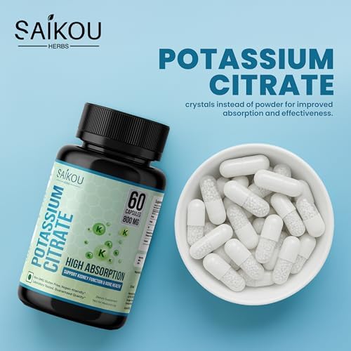 Authentic USA imported Saikou Herbs potassium supplement bottle placed on a clean background.