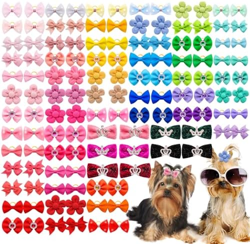 Close up of handmade puppy bowknot with rhinestone crown design