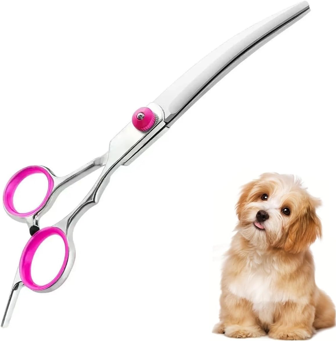 Merkloos professional curved dog grooming scissors front view showing stainless steel blades.