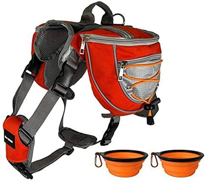 Zor-DOG saddlebag dog backpack and harness combo front view in orange