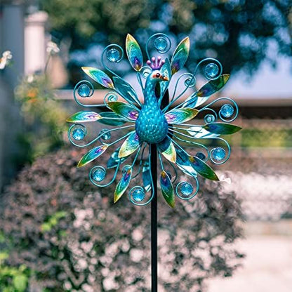 Stargarden peacock wind sculpture installed in a residential backyard