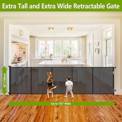 Heavy duty 42 inch tall pet safety gate rolled back into its space saving compact wall mount.