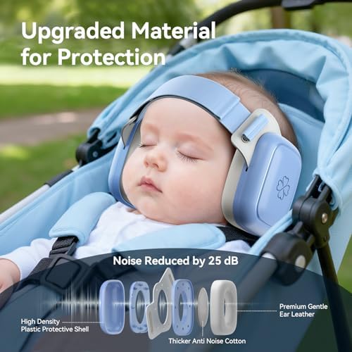 Toddler wearing UseNiy protective earmuffs for travel
