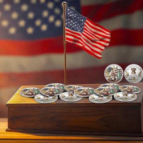 Highergo patriotic challenge coins in a lifestyle setting showcasing their substantial size and thickness.
