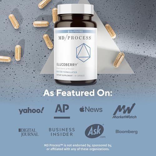MD Process GlucoBerry supplement bottle displaying ingredients list including maqui berry extract