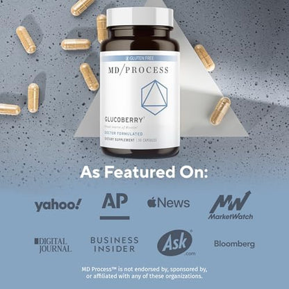 MD Process GlucoBerry supplement bottle displaying ingredients list including maqui berry extract