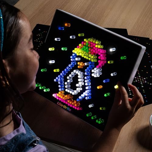 Lite Brite toy illuminating a dark room to showcase the four dynamic color changing LED flashing modes and neon effect.