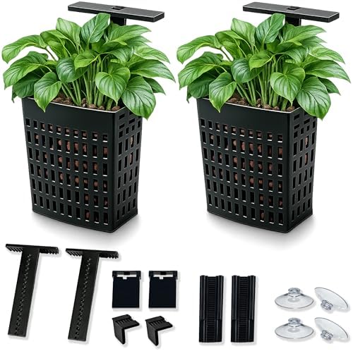 Black top hanging fish tank planter basket with aquatic plants inside.