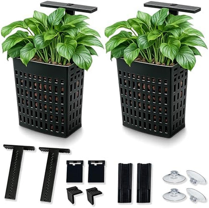 Black top hanging fish tank planter basket with aquatic plants inside.