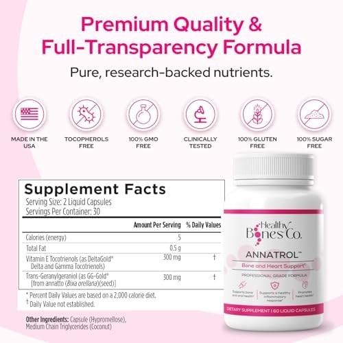 Healthy Bones Co Annatrol imported USA authentic wellness supplement bottle showcasing premium liquid capsules format.