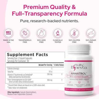 Healthy Bones Co Annatrol imported USA authentic wellness supplement bottle showcasing premium liquid capsules format.