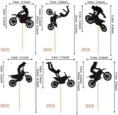 Close up view of dirt bike rider cupcake picks on display