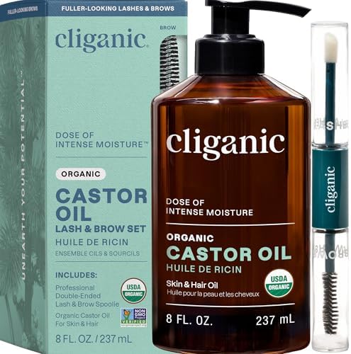 Cliganic Organic Castor Oil 8oz bottle with eyelash wands and liner brushes kit
