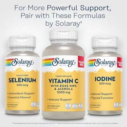 Solaray premium yeast free selenium bottle highlighting immune and cellular wellness benefits
