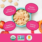 Once Upon A Farm non GMO puffed sorghum snack texture showing fast dissolving shapes