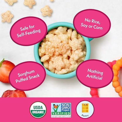 Once Upon A Farm non GMO puffed sorghum snack texture showing fast dissolving shapes