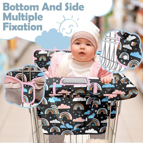 Baby sitting in shopping cart with zebra texture cover