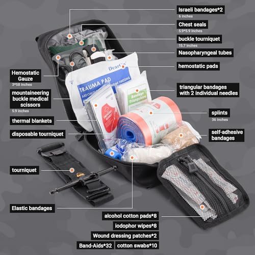 Tactical medical kit items spread out including tourniquet and Israeli bandage.
