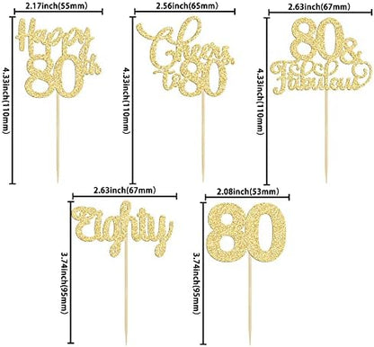 Gold glitter Cheers to 80 Years cake decorations for birthday party