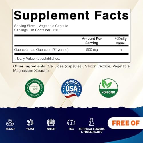 Vitamatic Quercetin supplement bottle nutritional facts and ingredients label panel