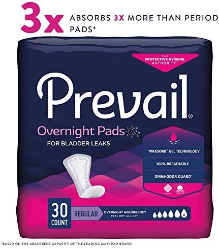 Prevail overnight bladder leak pads packaging showing MaxSorb gel technology label