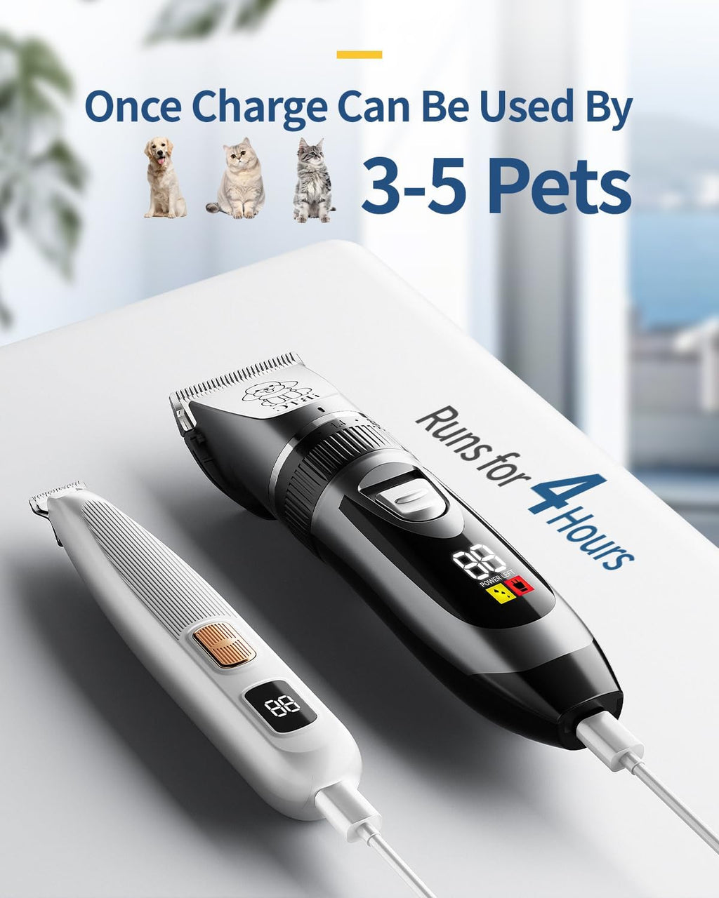 Grey and white cordless pet hair trimmer tool with wide body clipper attachment for thick animal coats.
