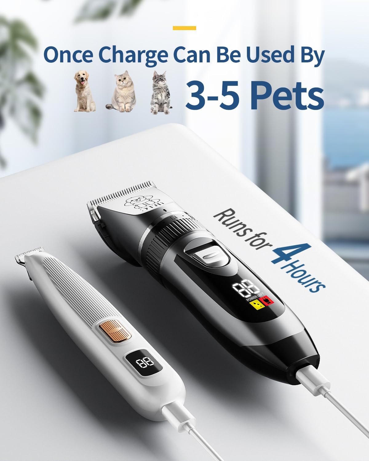 Grey and white cordless pet hair trimmer tool with wide body clipper attachment for thick animal coats.