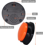 A dog pressing a blue recordable communication button to ask for outdoor playtime.
