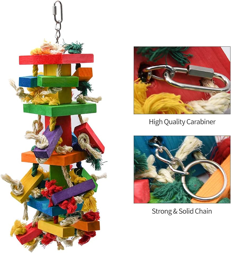 RUBY.Q 20 inch parrot chew toy hanging inside a large metal bird cage.