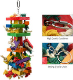 RUBY.Q 20 inch parrot chew toy hanging inside a large metal bird cage.