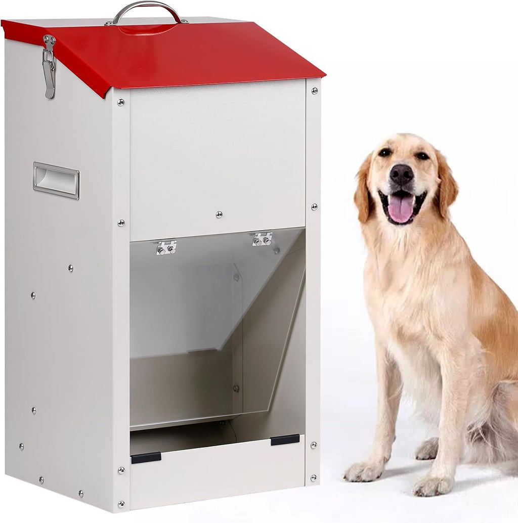 KHEARPSL galvanized automatic dog feeder front view showing red lid and transparent door