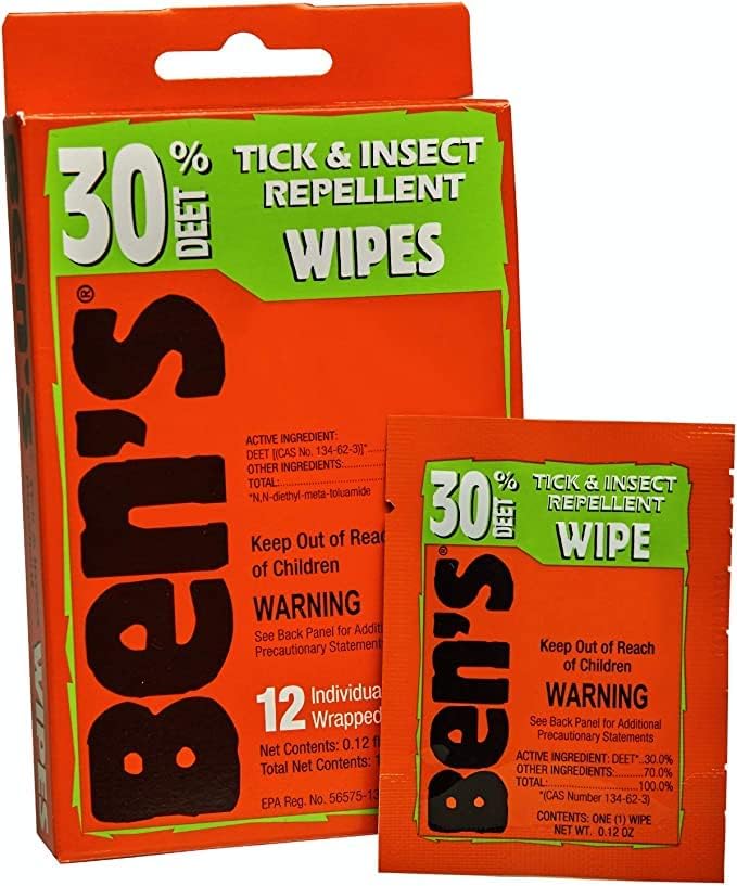 Ben's 30 percent DEET pre moistened bug repellent wipe being taken out of package