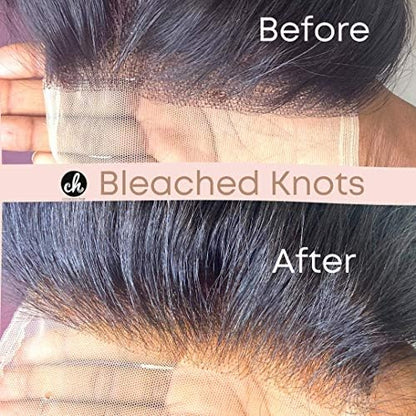 Complete contents of the Coolass Hair lace bleaching system showing developer, powder, shampoos, and mixing tools.