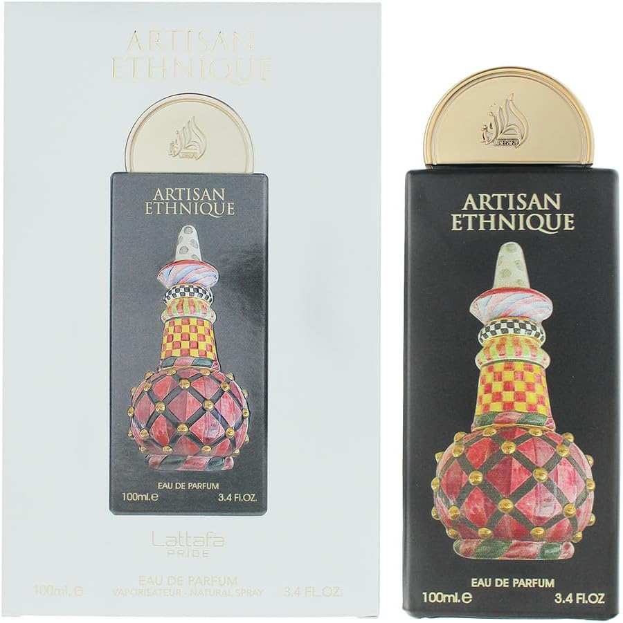 Lattafa Pride Artisan Ethnique unisex Eau de Parfum 100 ml bottle front view with patterned stopper