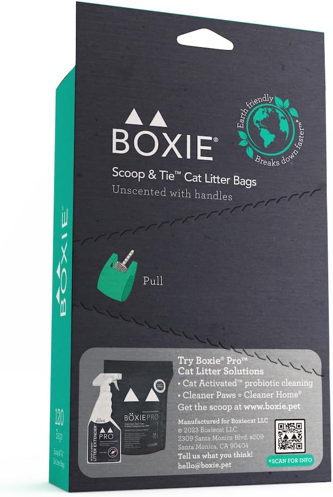 Boxiecat eco friendly pet waste bags showing EPI technology label details.