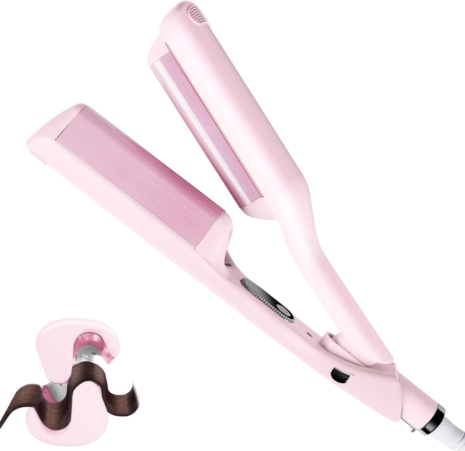 WEEYUM 1 1/4 Inch Hair Waver Crimper front view showcasing the pink dual ceramic barrels
