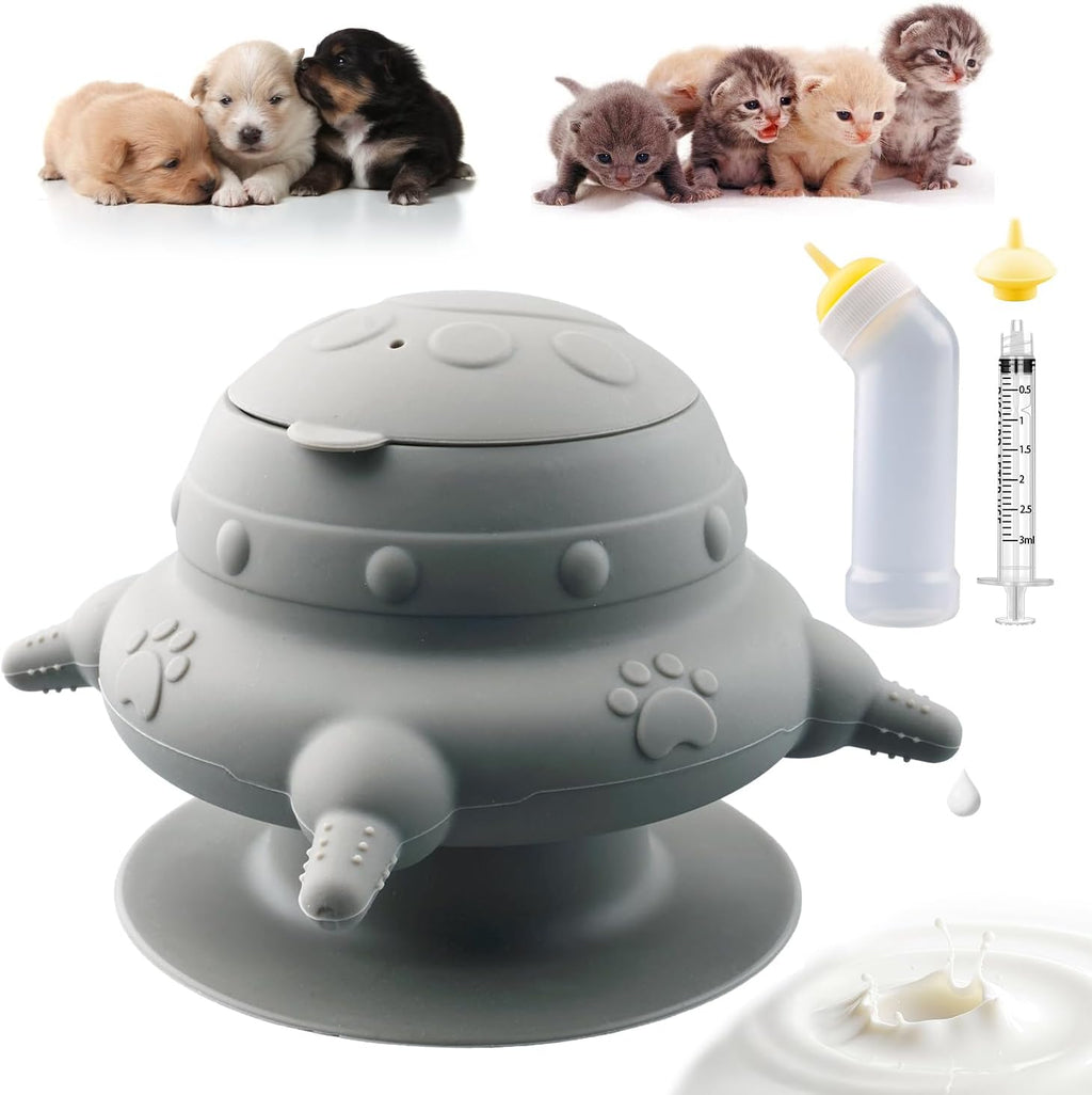 Xuanda pet nursing kit front view showing grey silicone multi-nipple puppy feeder station