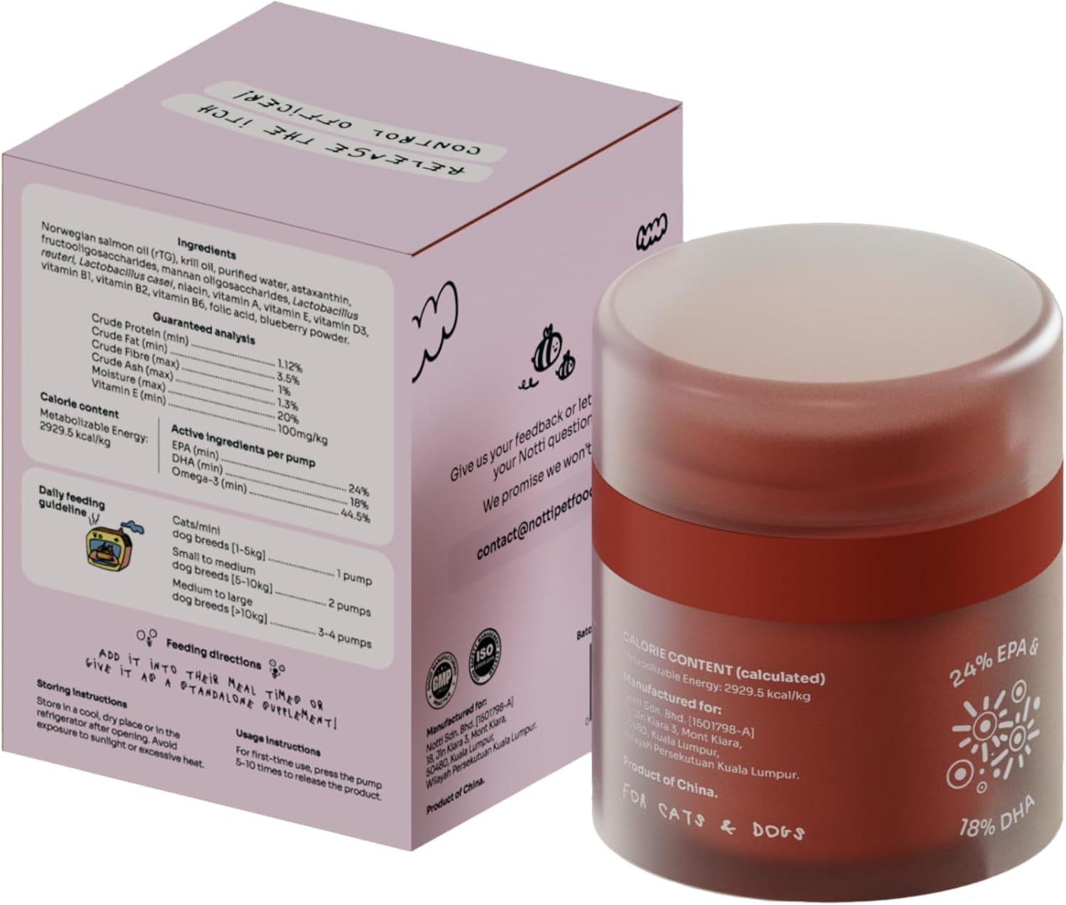 Pet Honesty Notti Norwegian salmon and krill oil packaging showing daily usage directions