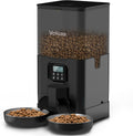 Voluas automatic cat feeder for two cats front view displaying dual stainless steel bowls and LCD panel