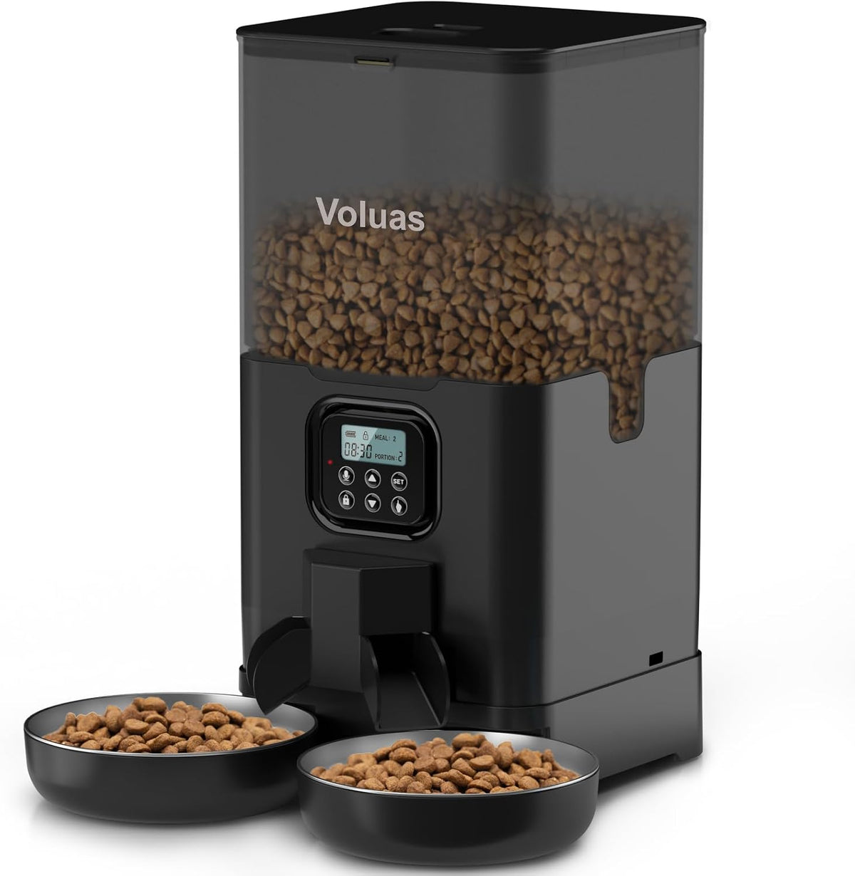 Voluas automatic cat feeder for two cats front view displaying dual stainless steel bowls and LCD panel