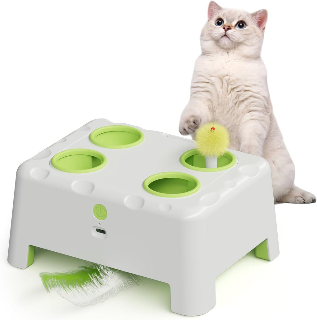 HAPPYCODE Magic House Interactive Cat Toy front view showing the white base with green accents and four holes.