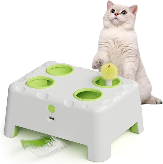 HAPPYCODE Magic House Interactive Cat Toy front view showing the white base with green accents and four holes.