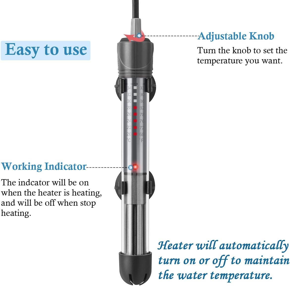Submersible glass heater showing quartz construction