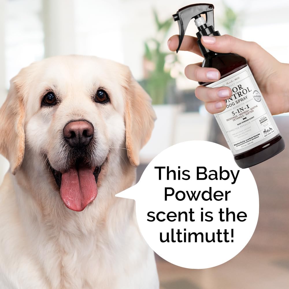 Rosen Apothecary 5-in-1 dog grooming spray application on dog fur