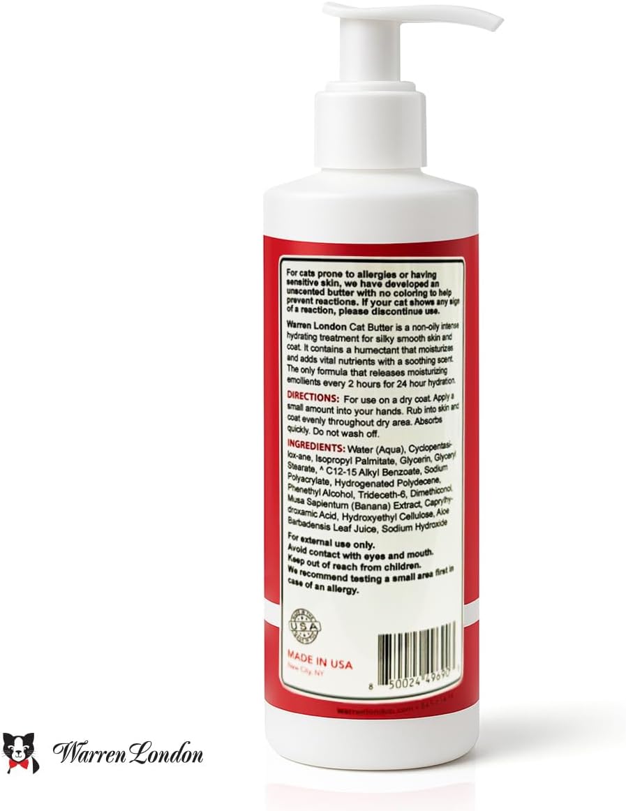 Authentic Warren London feline detangler cream bottle demonstrating proper pump opening technique