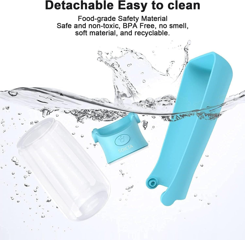 Soicta portable pet water bottle hanging by its nylon lanyard